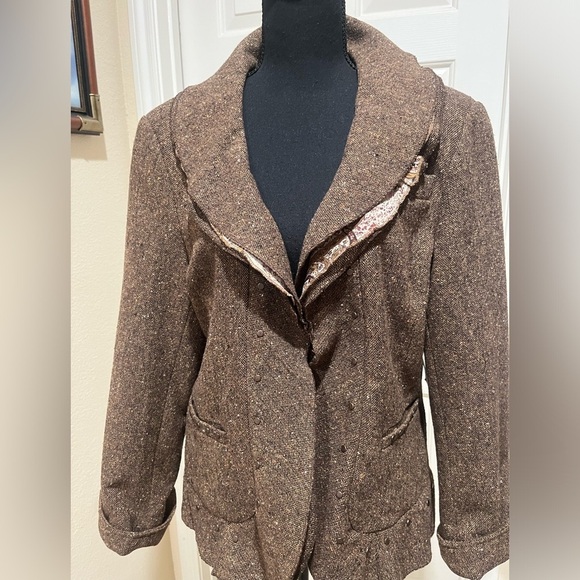 COLDWATER CREEK BROWN TWEED RUFFLED COLLAR PEPLUM,OFFICE SIREN JACKET SIZE 16. - Picture 6 of 12